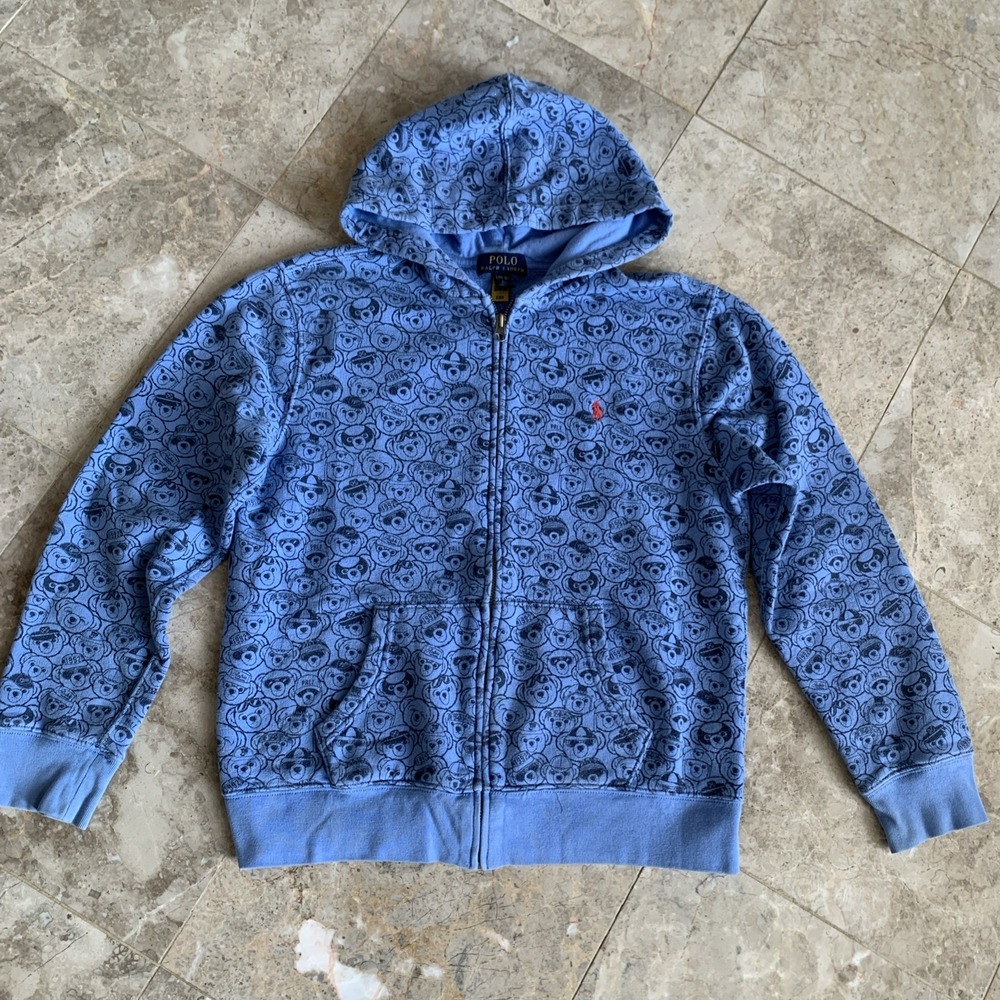 POLO RALPH LAUREN Blue Boys Sz L 14-16 Fleece Hoodie  Full Zipper & Pockets